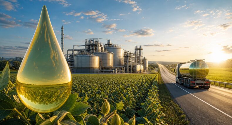 Produção de biodiesel entre lavoura de soja, biorrefinaria e transporte no Brasil