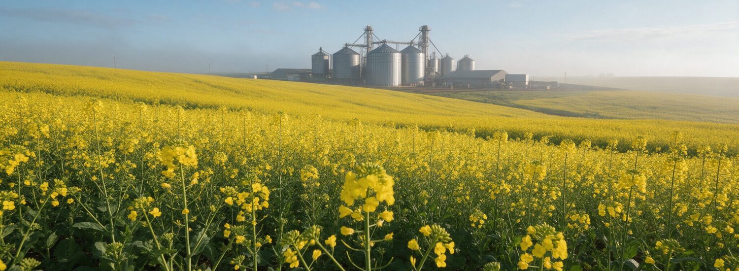 Planejamento agrícola: lavoura de canola em flor com silos de armazenagem ao fundo
