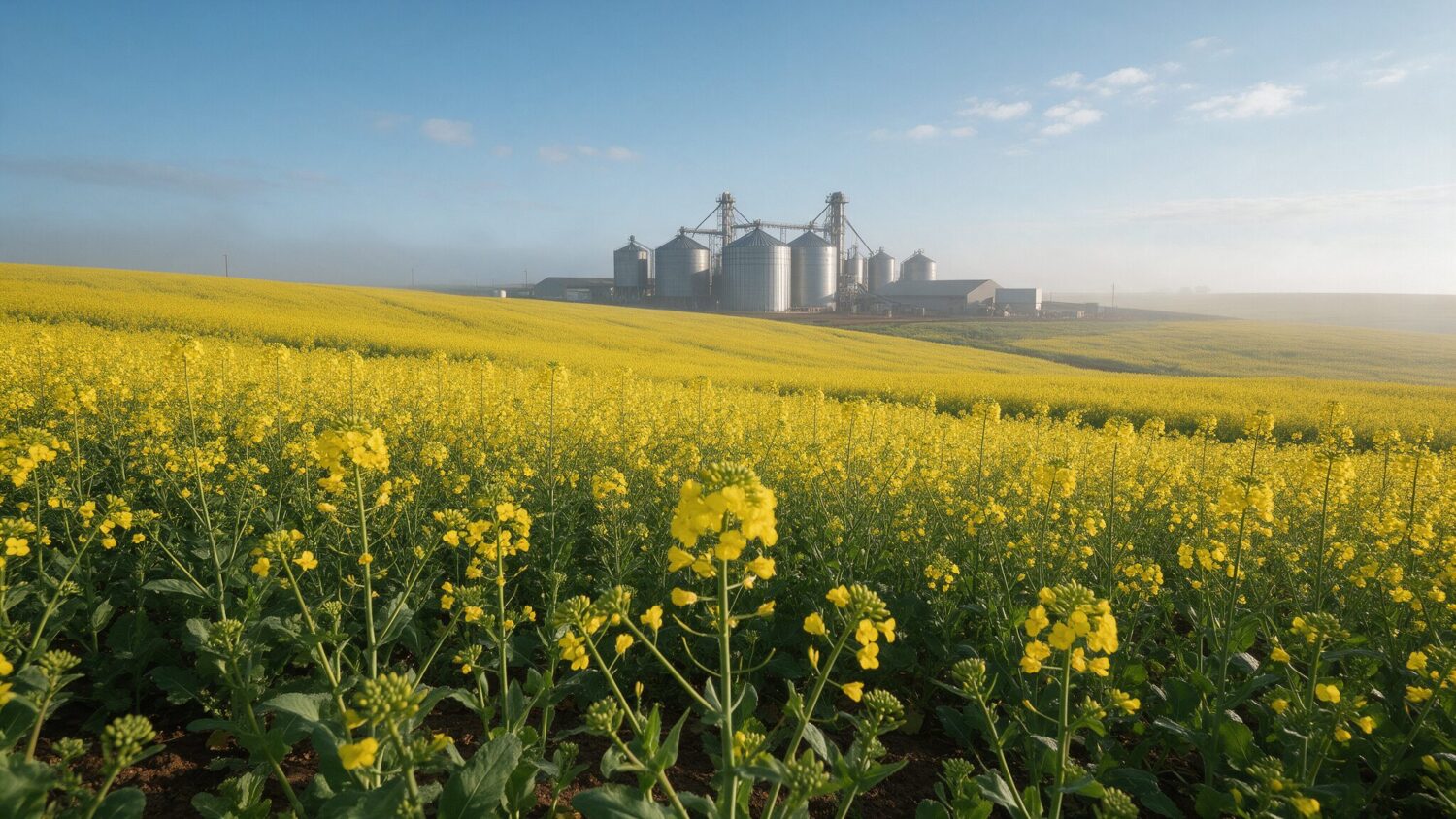 Planejamento agrícola: lavoura de canola em flor com silos de armazenagem ao fundo