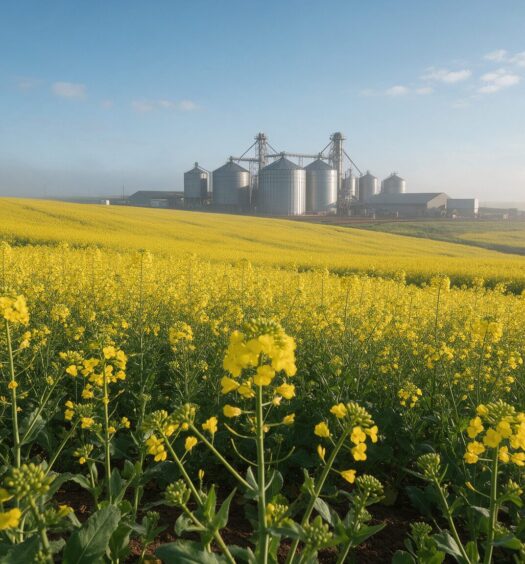 Planejamento agrícola: lavoura de canola em flor com silos de armazenagem ao fundo