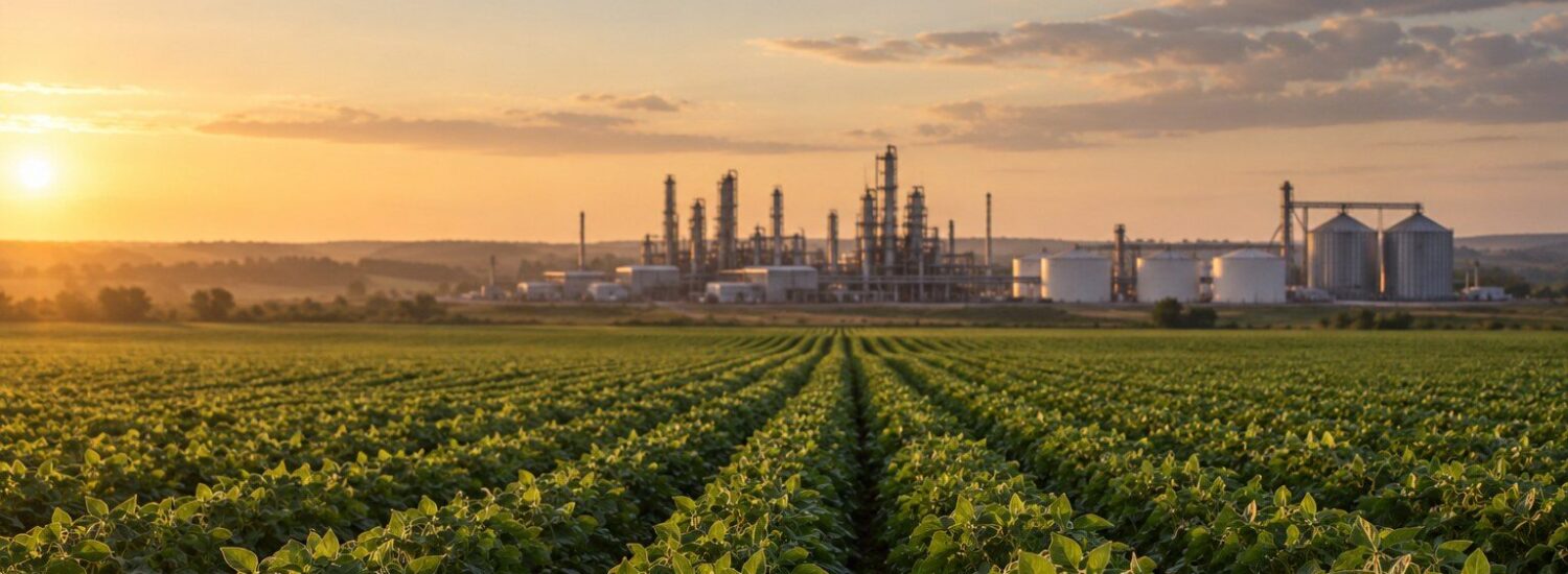 Refino no Brasil: lavoura de soja ao pôr do sol com refinaria e tanques de combustível ao fundo