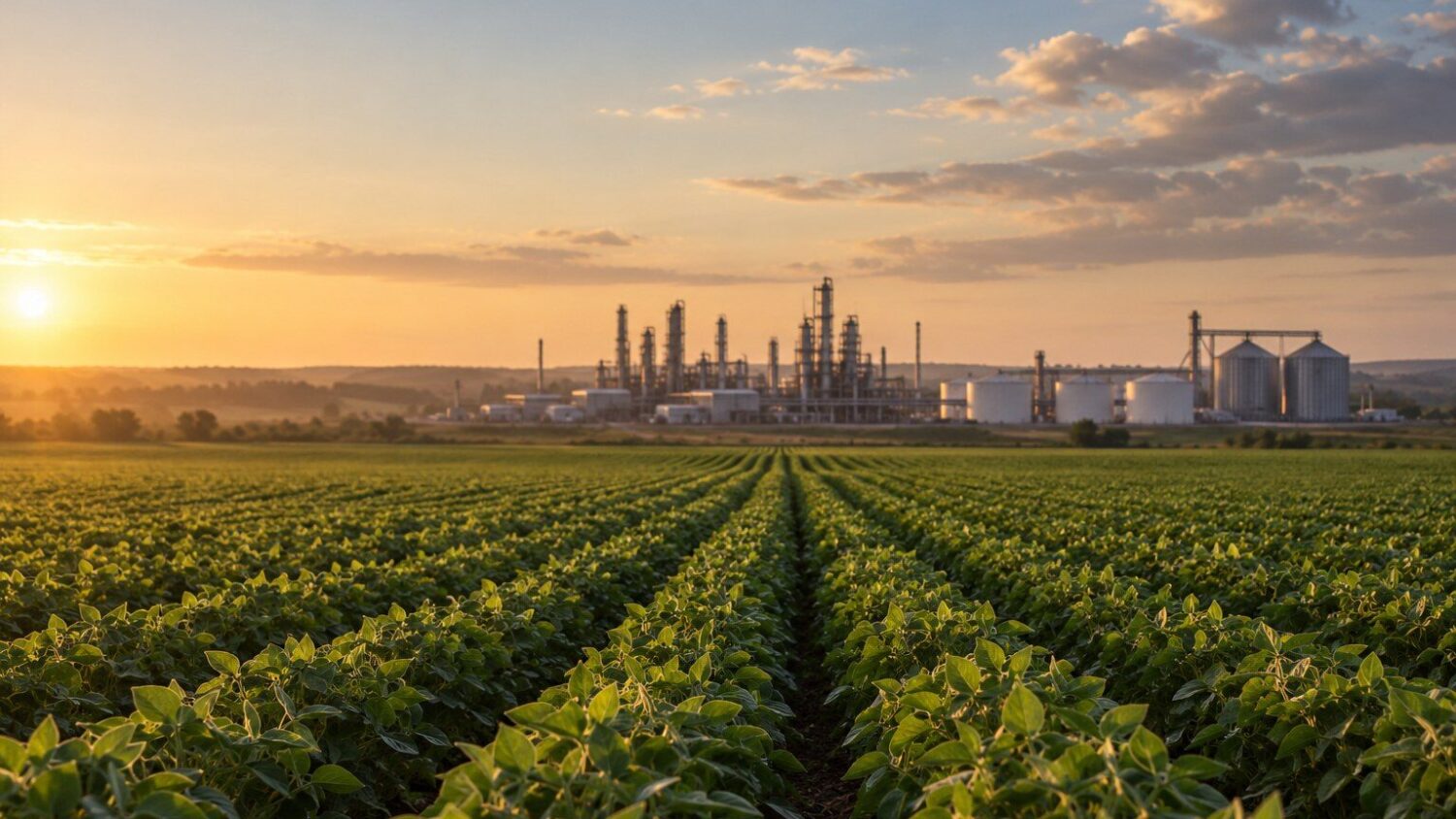 Refino no Brasil: lavoura de soja ao pôr do sol com refinaria e tanques de combustível ao fundo