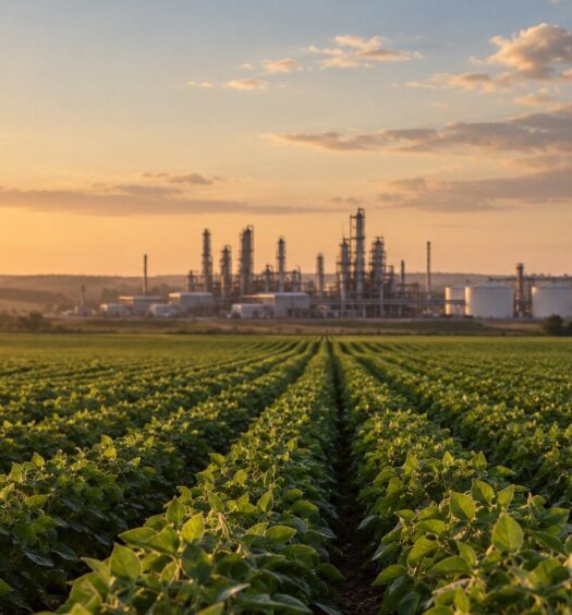 Refino no Brasil: lavoura de soja ao pôr do sol com refinaria e tanques de combustível ao fundo