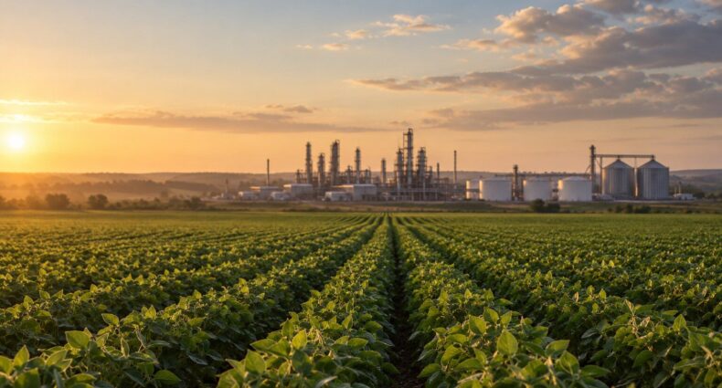 Refino no Brasil: lavoura de soja ao pôr do sol com refinaria e tanques de combustível ao fundo